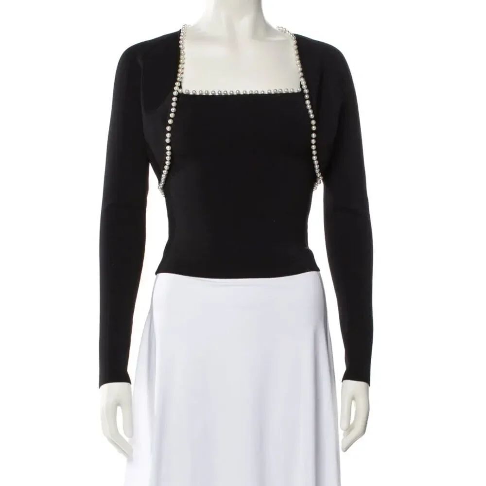 Alice + Olivia Wilma Faux Pearl Cropped Sweater Shrug Black Womens Small